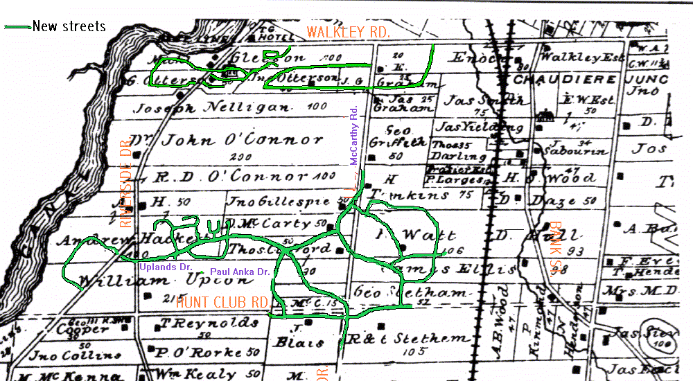 Hunt Club - Map of Bowesville 1879 with 1997 streets superimposed